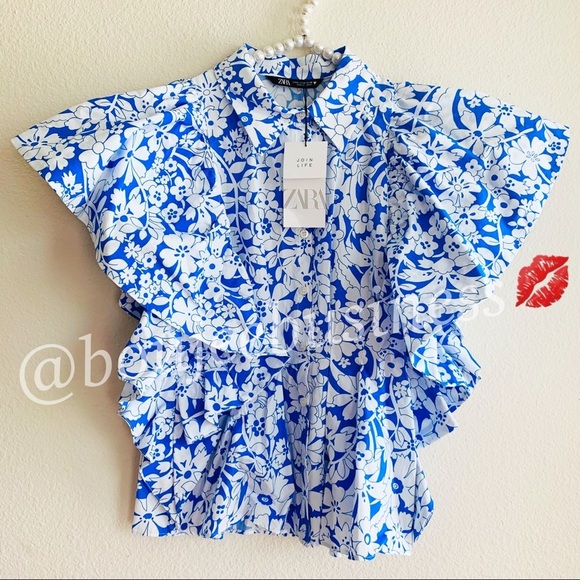 ZARA BNWT Blue/White Printed Poplin Cotton Top with Ruffled Sleeves Size M - Picture 8 of 9